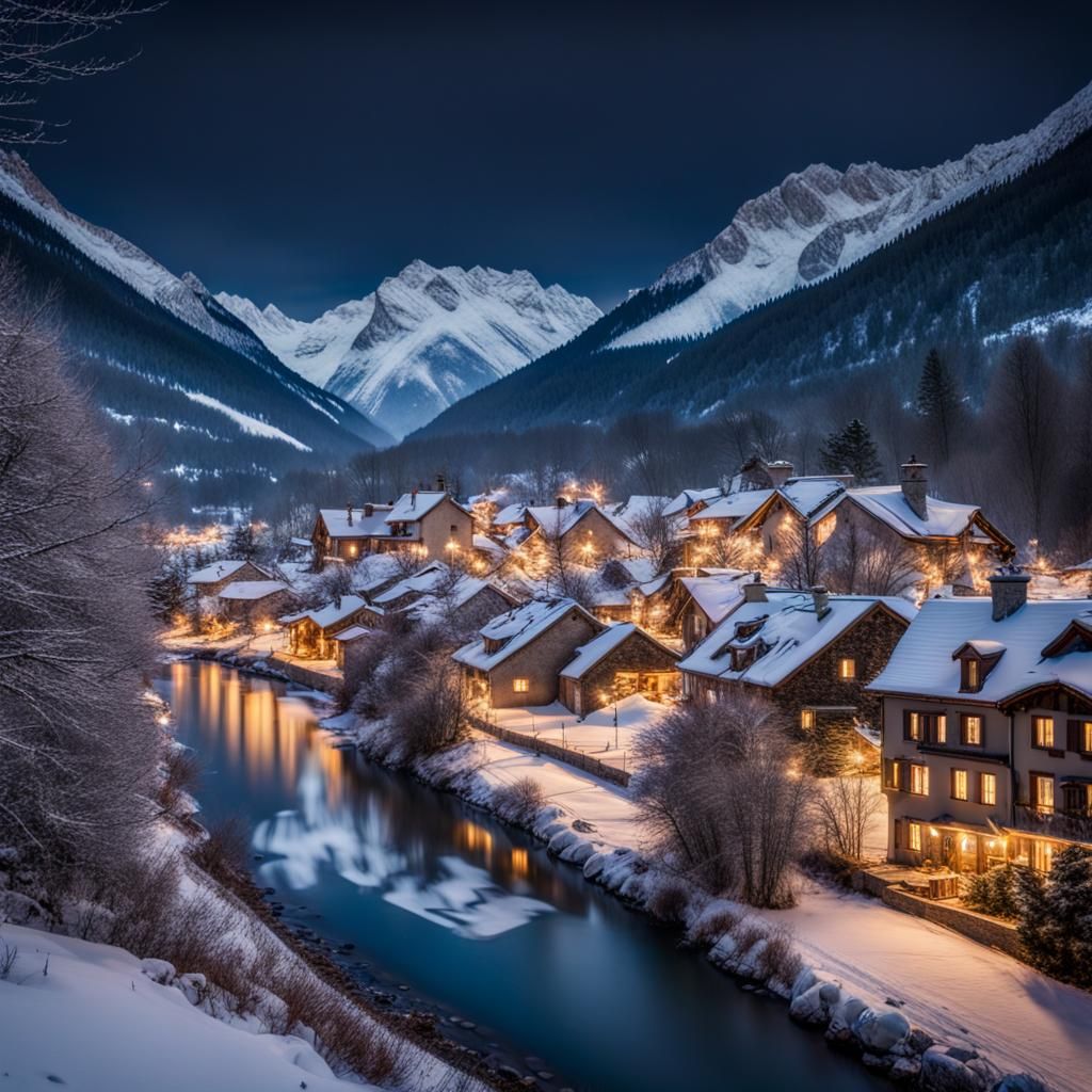 Winter Village at Night in Mountain Valley