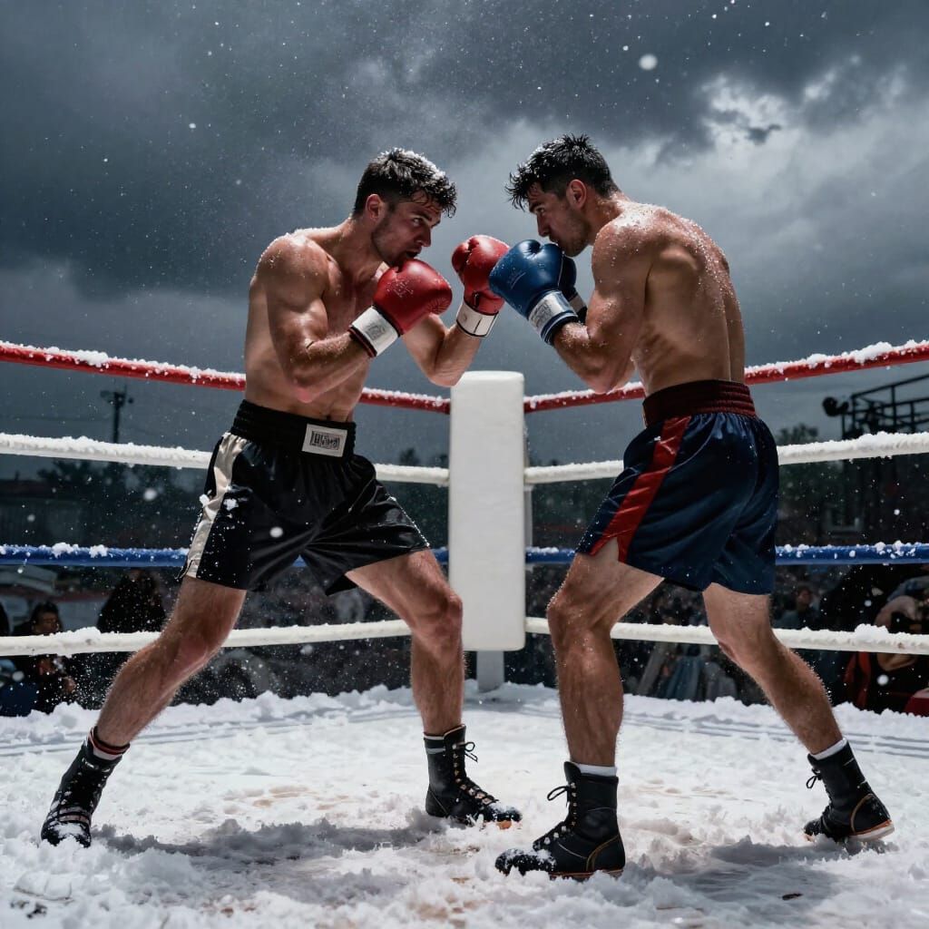 Muscular Boxer Fights in Snowy Outdoor Ring