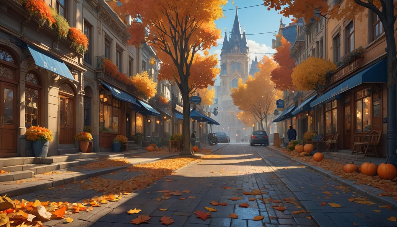 Autumn Town Street in Golden Light