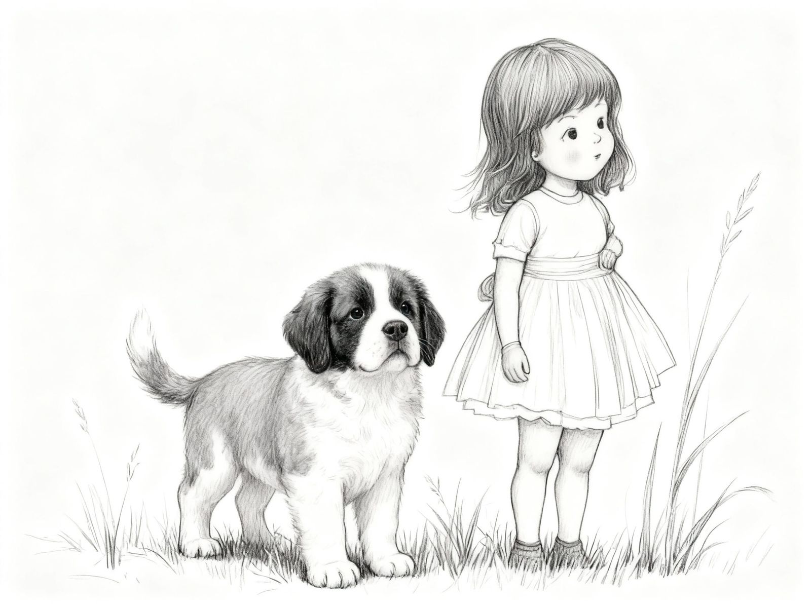 Minimal Line Art: Girl and St Bernard Puppy