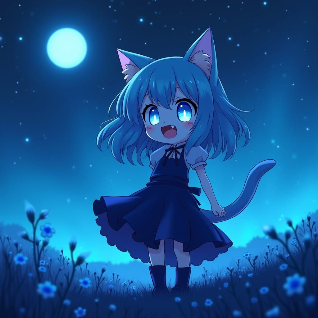 Glowing Catgirl Under Midnight Sky