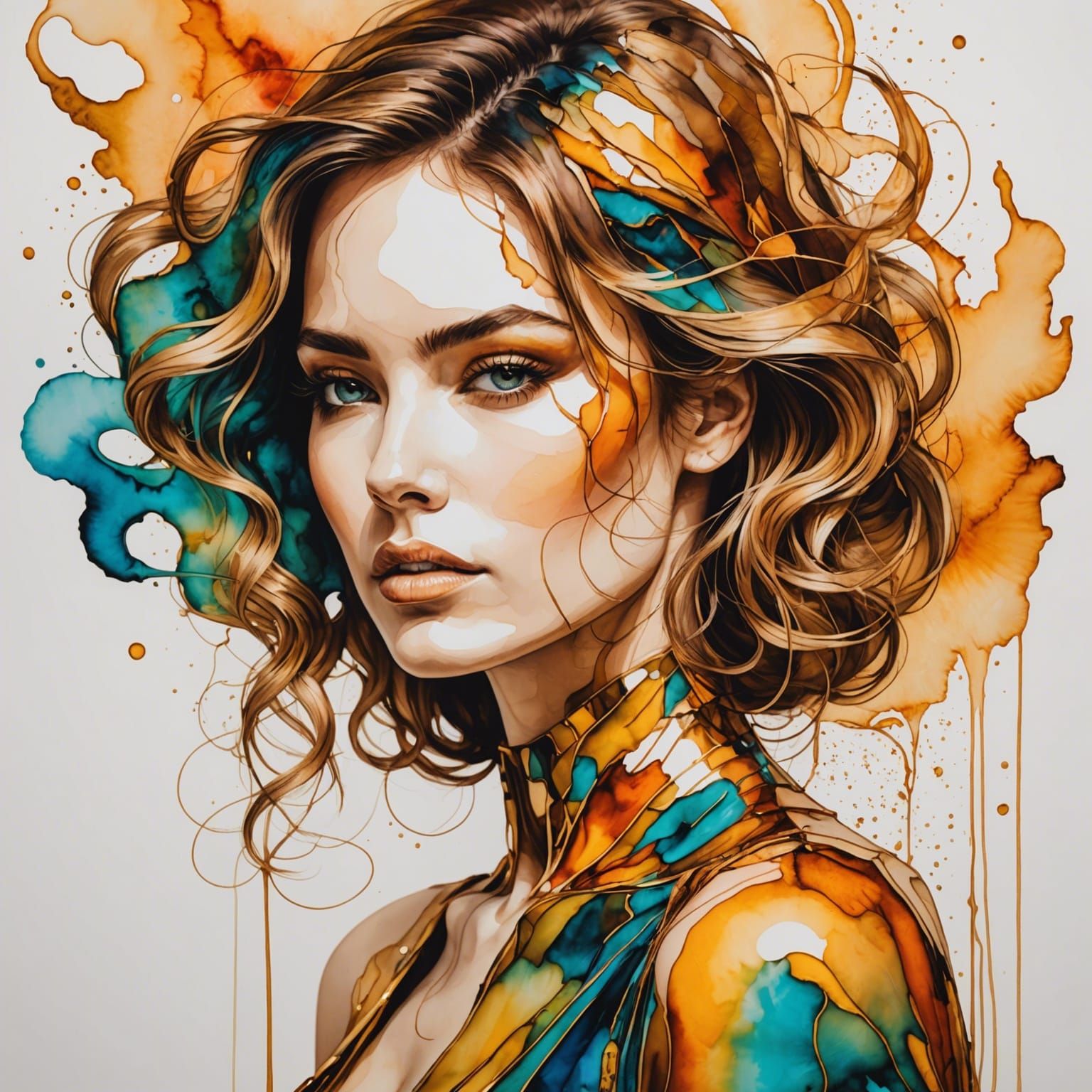 Conceptual Alcohol Ink Art: Woman in Golden Lines