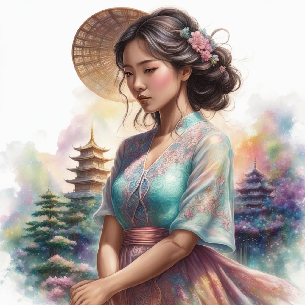 Pencil Sketch of a Beautiful Asian Woman