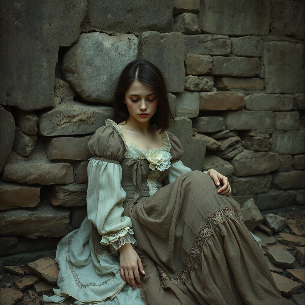Victorian Woman Slumped Against Crumbling Wall in Dreamlike ...