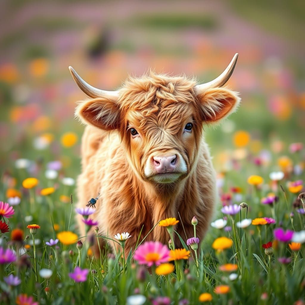 Baby Highland Cow in Wildflower Meadow: Wildlife Photography