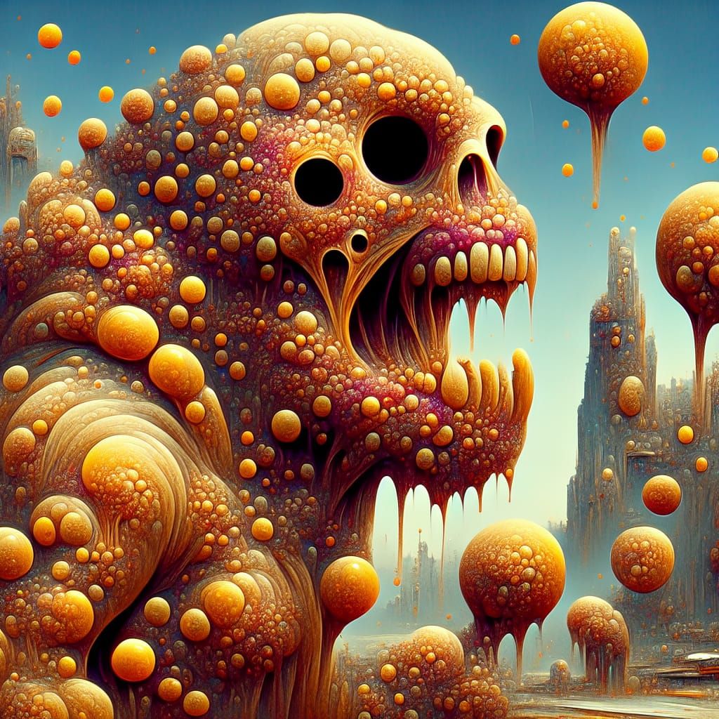 a surreal portrait of a grotess creature with pus pockets on...