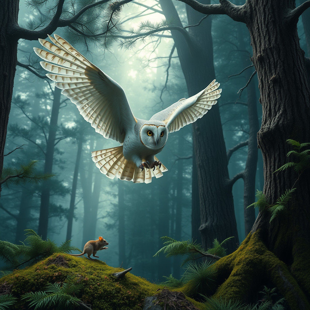 Barn Owl Hunting Mouse in Mystical Pine Forest