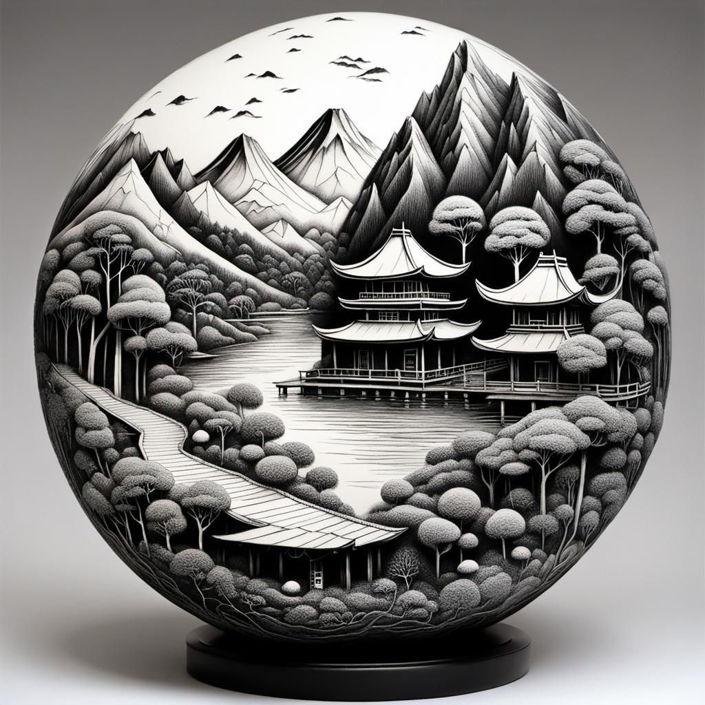 Intricate Japanese Landscapes with Spherical Sculptures