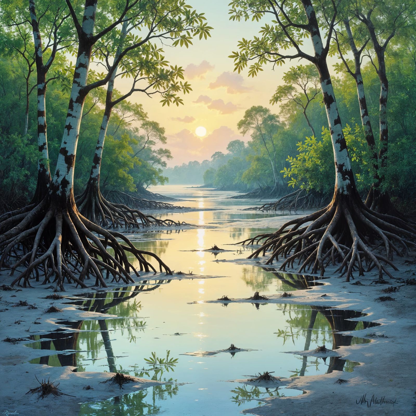 Coastal Mangrove Forest at Low Tide Oil Painting