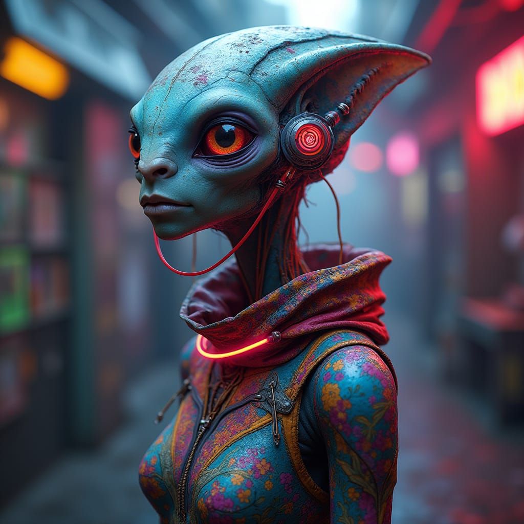 Hyperrealistic Alien Female in Cyberpunk Setting
