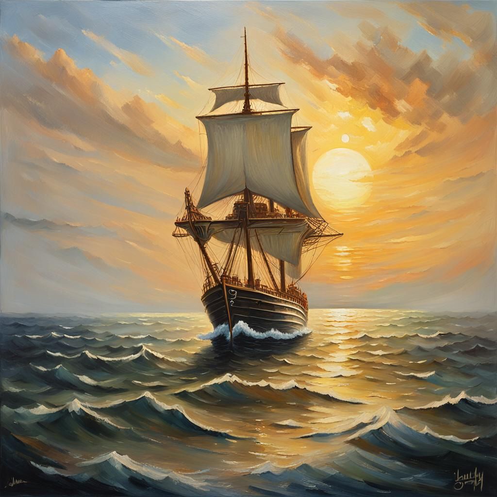 Majestic Ship Sails on Calm Sea: Oil Painting