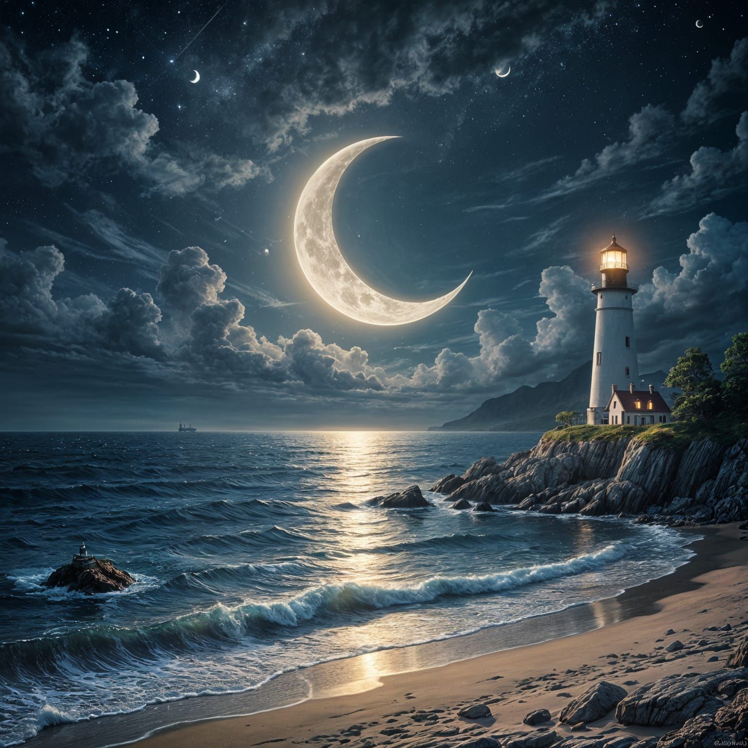 Dreamcore Summer Night: Lighthouse Under Crescent Moon