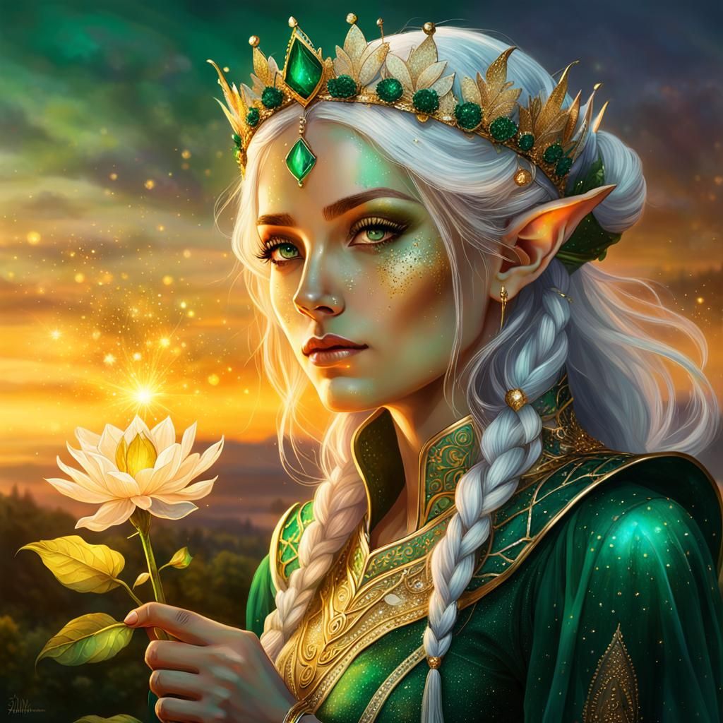Magical Elf Enchanting a Flower at Sunset