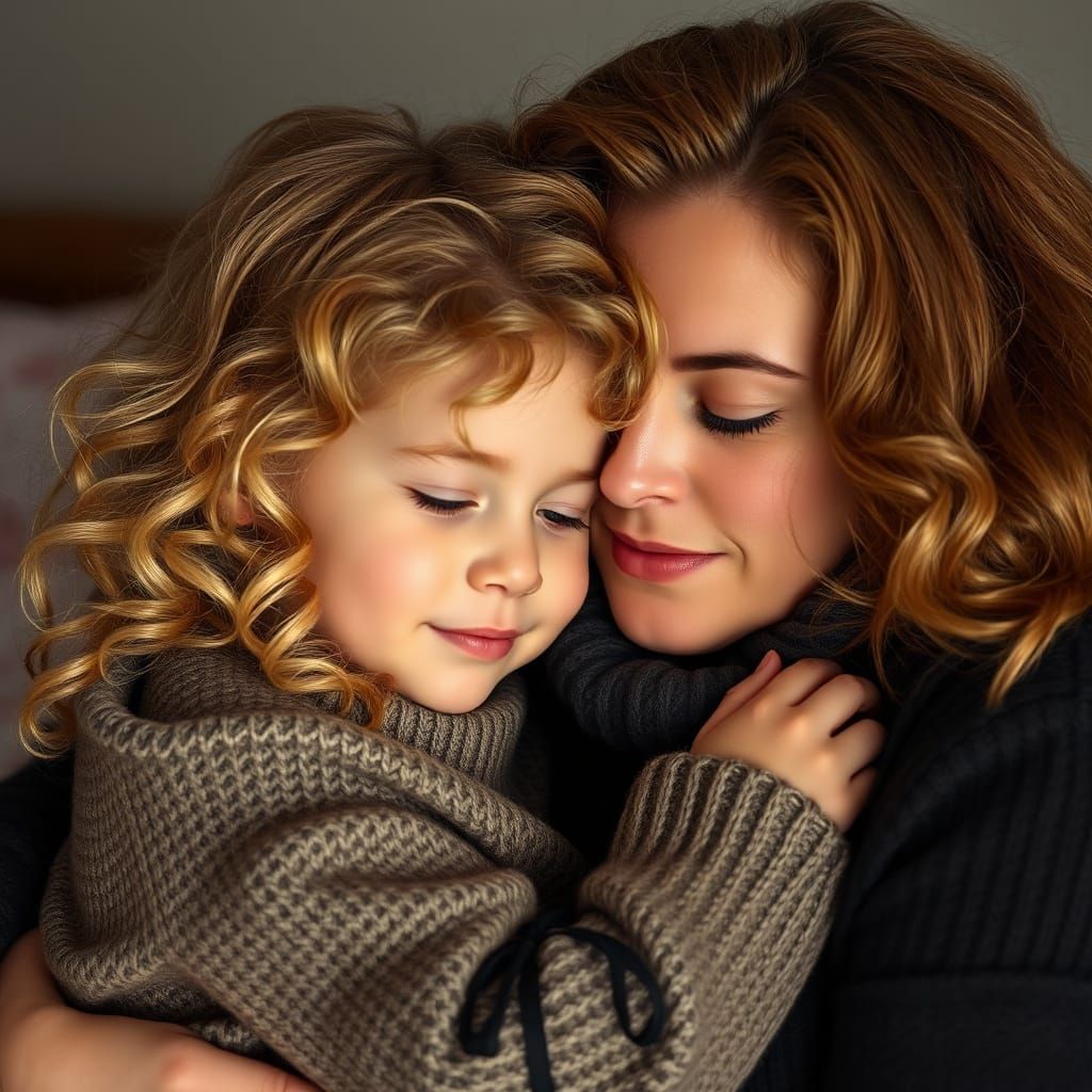 Chiaroscuro Portrait: Child Cuddling with Mother