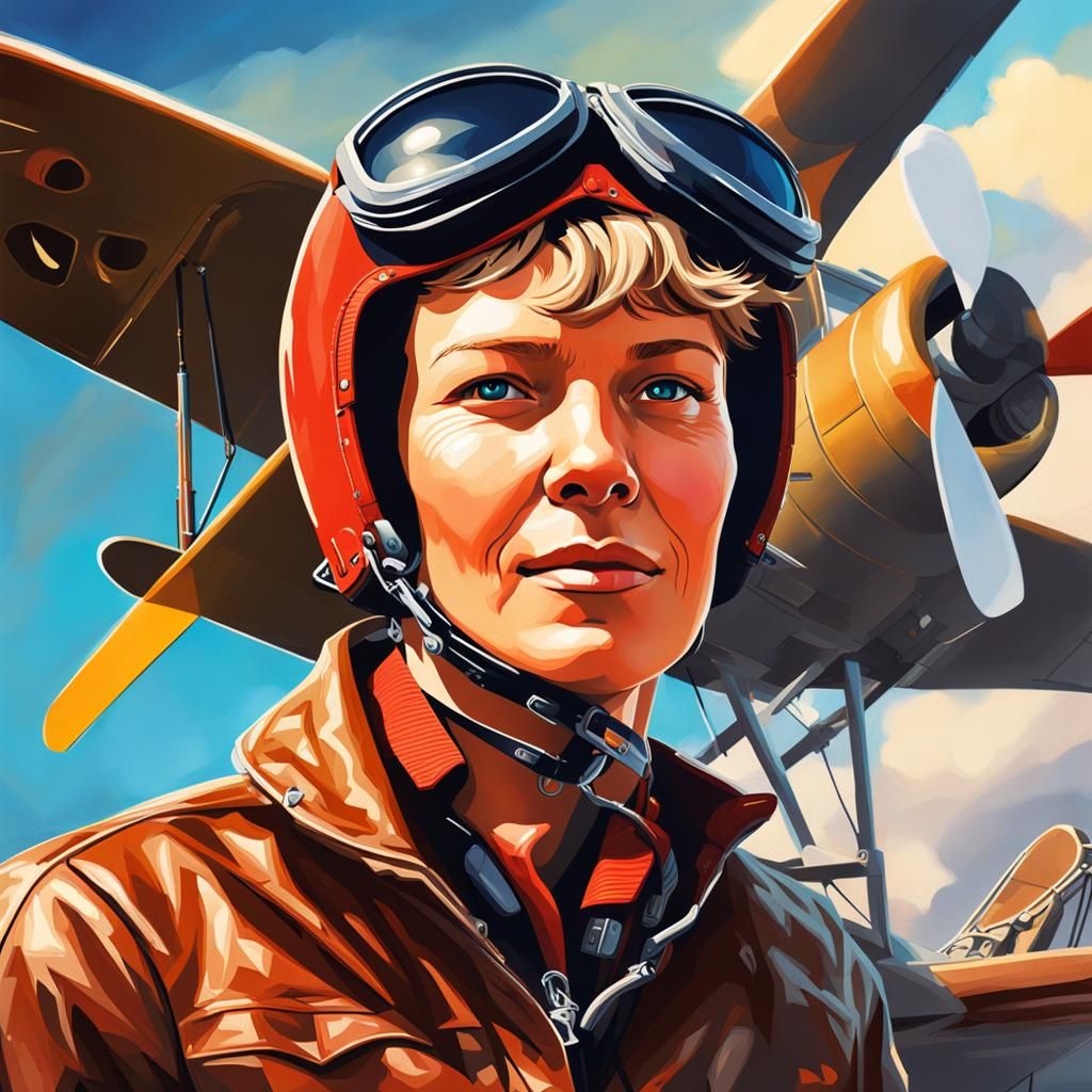 Hyperrealistic Amelia Earhart Portrait with Splash Art