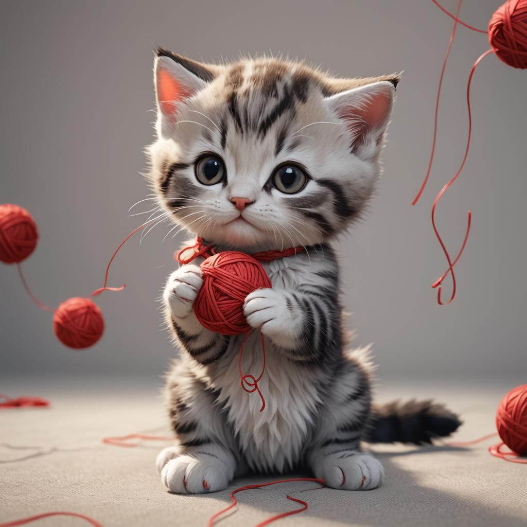 Adorable Kitten Plays With Yarn: 3D Anime Art