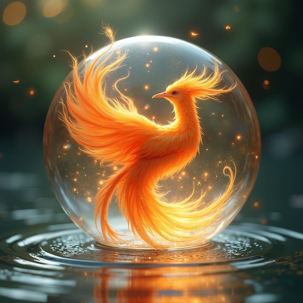 Ethereal Phoenix in Glass Orb Sinks Beneath Water