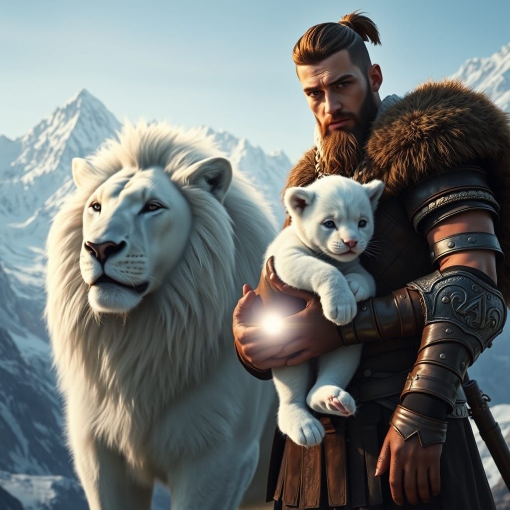 Warrior Family in Majestic Icy Landscape, Cinematic Art