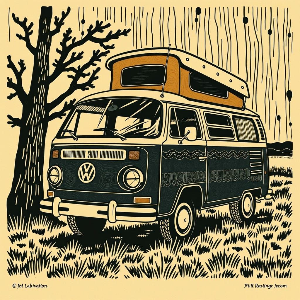 Folk-Art Volkswagen Camper Van Relief Print