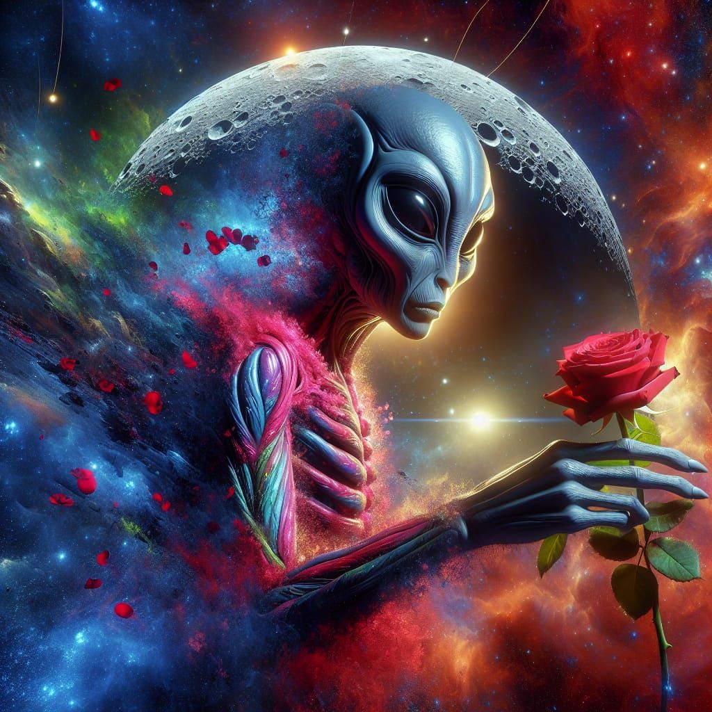 Alien Tends Moon Garden Roses in Cosmic Splash Art