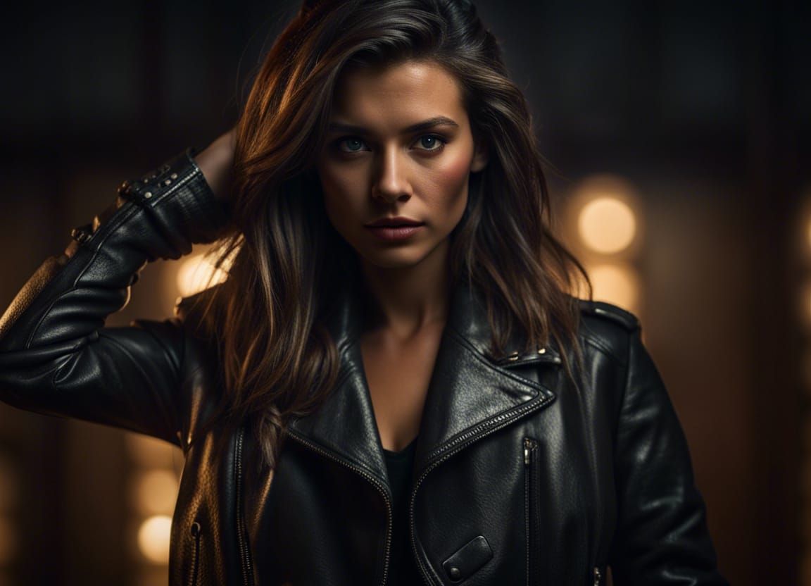 Elegant Woman in Leather Jacket: Detailed 8K Portrait
