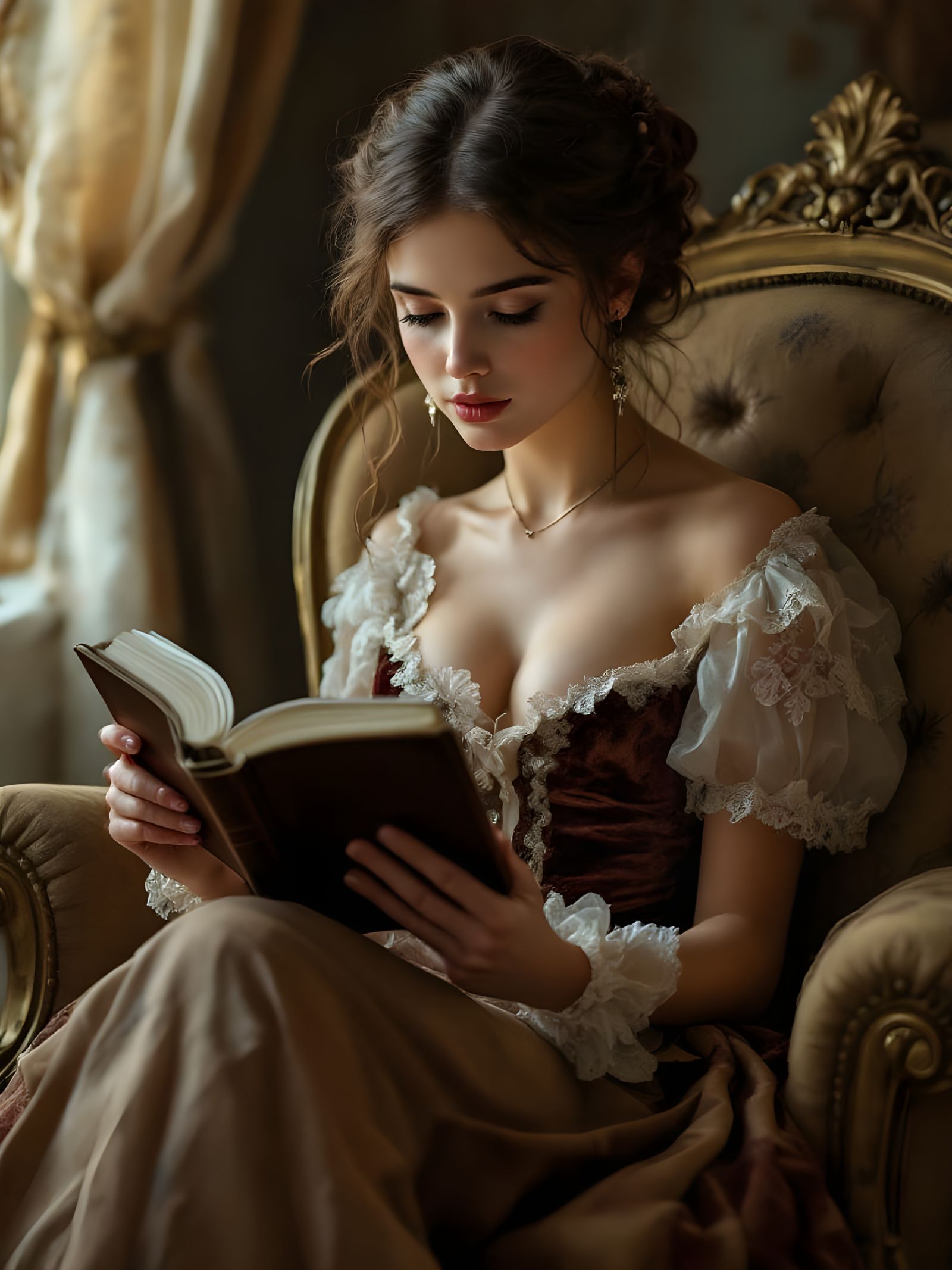 Elegant Woman Lost in 19th-Century Literature, in Oil Painti...