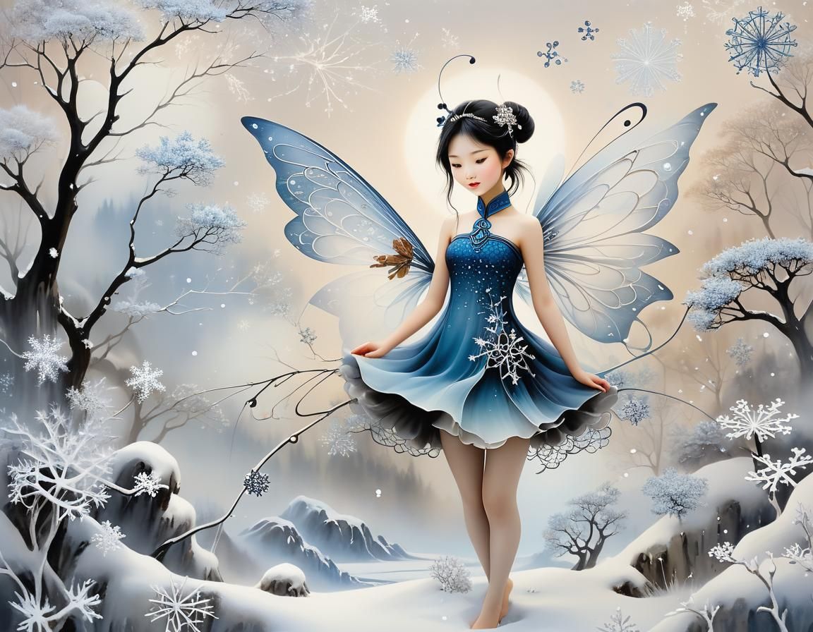 Fairy in Winter Landscape with Circuit Patterns