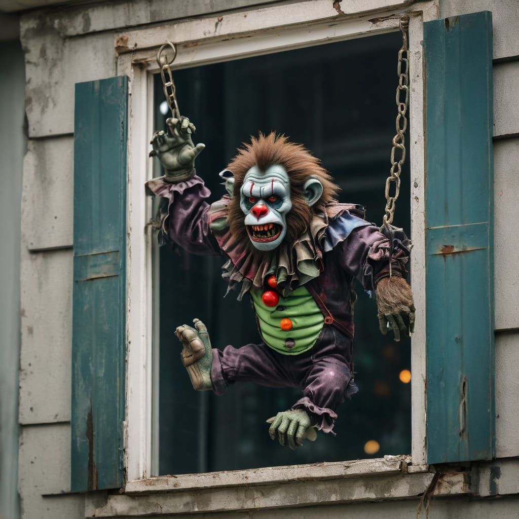 Eerie Clown Figure Dangles a Zombie Monkey in a Haunting Win...
