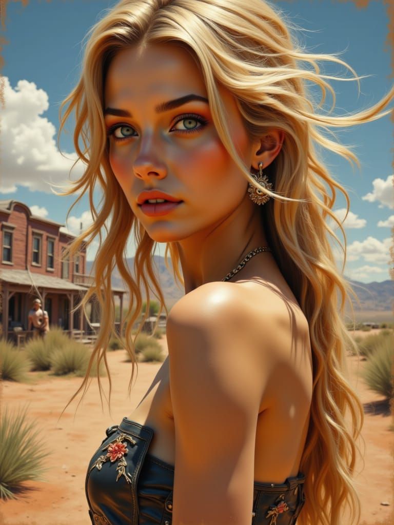 Blonde Cowgirl Poses in Wild West Oil Painting Style