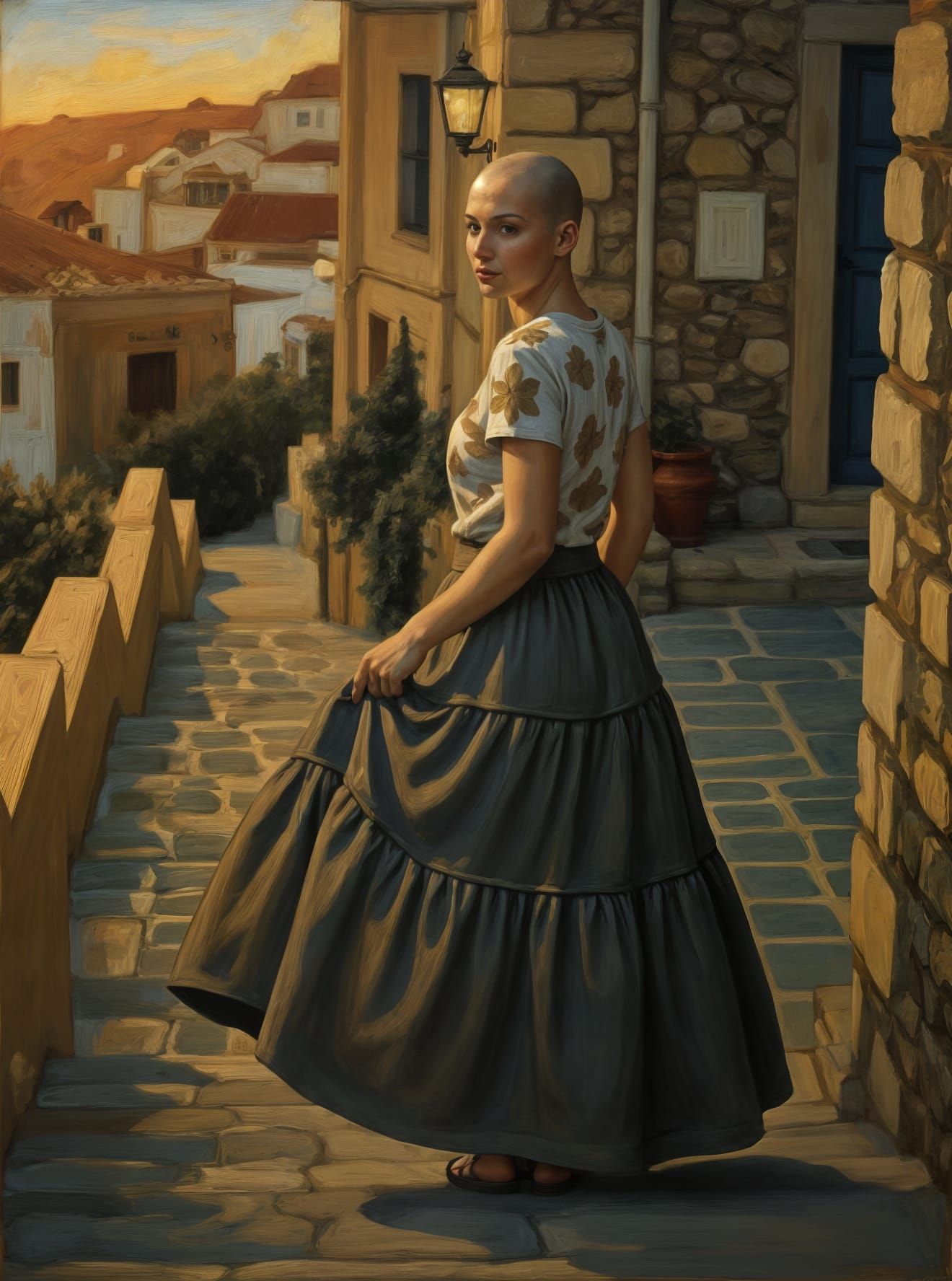 Bald Woman in Greek Town at Sunset