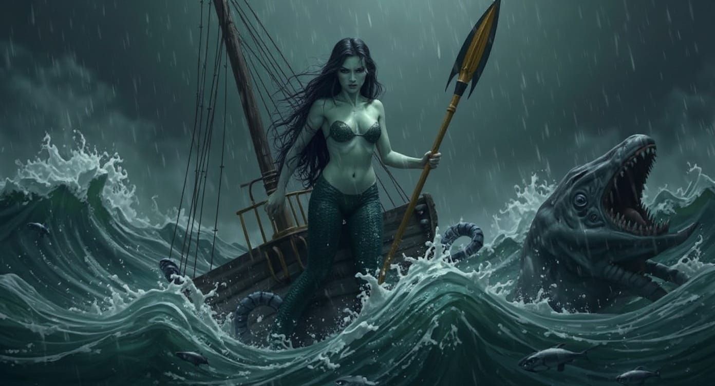 Sinister Mermaid With Spear Amidst Stormy Seas