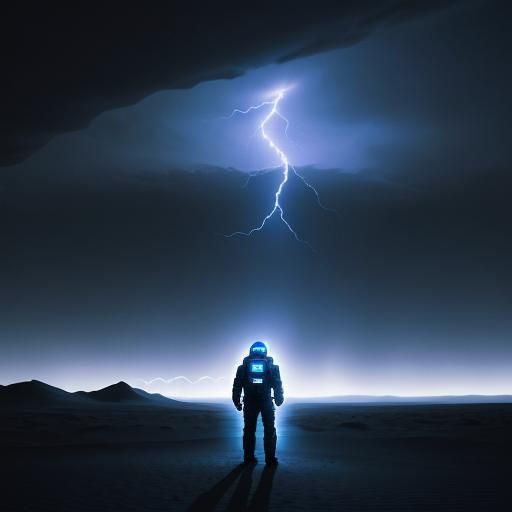 Surreal Spaceman in Mars Desert Lightning Storm