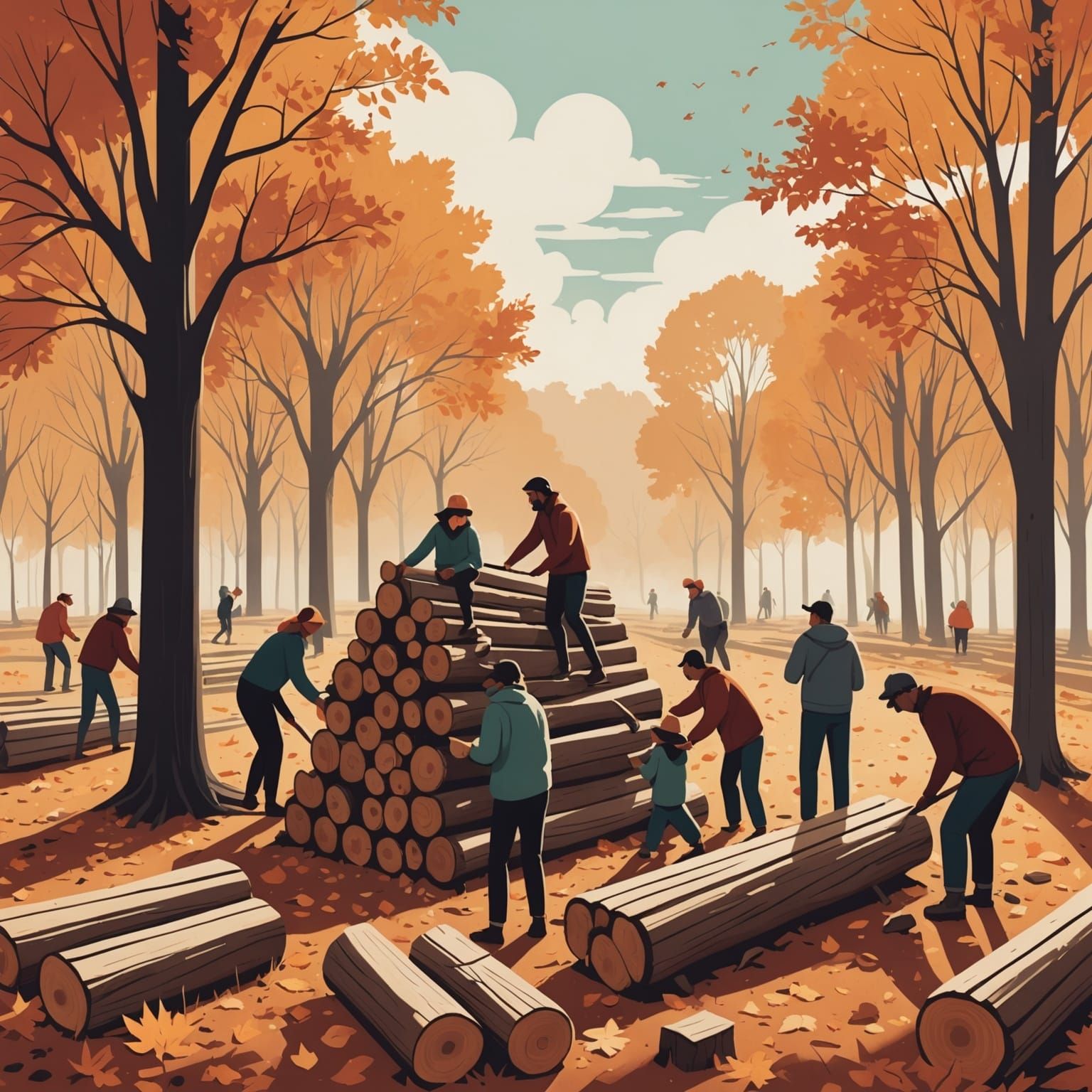 People Stacking Wood in Dreamy Fall Illustration