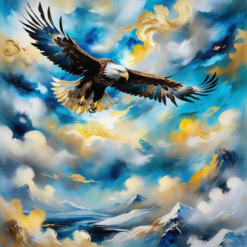 Eagle Soaring Through Clouds: Impressionist Landscape
