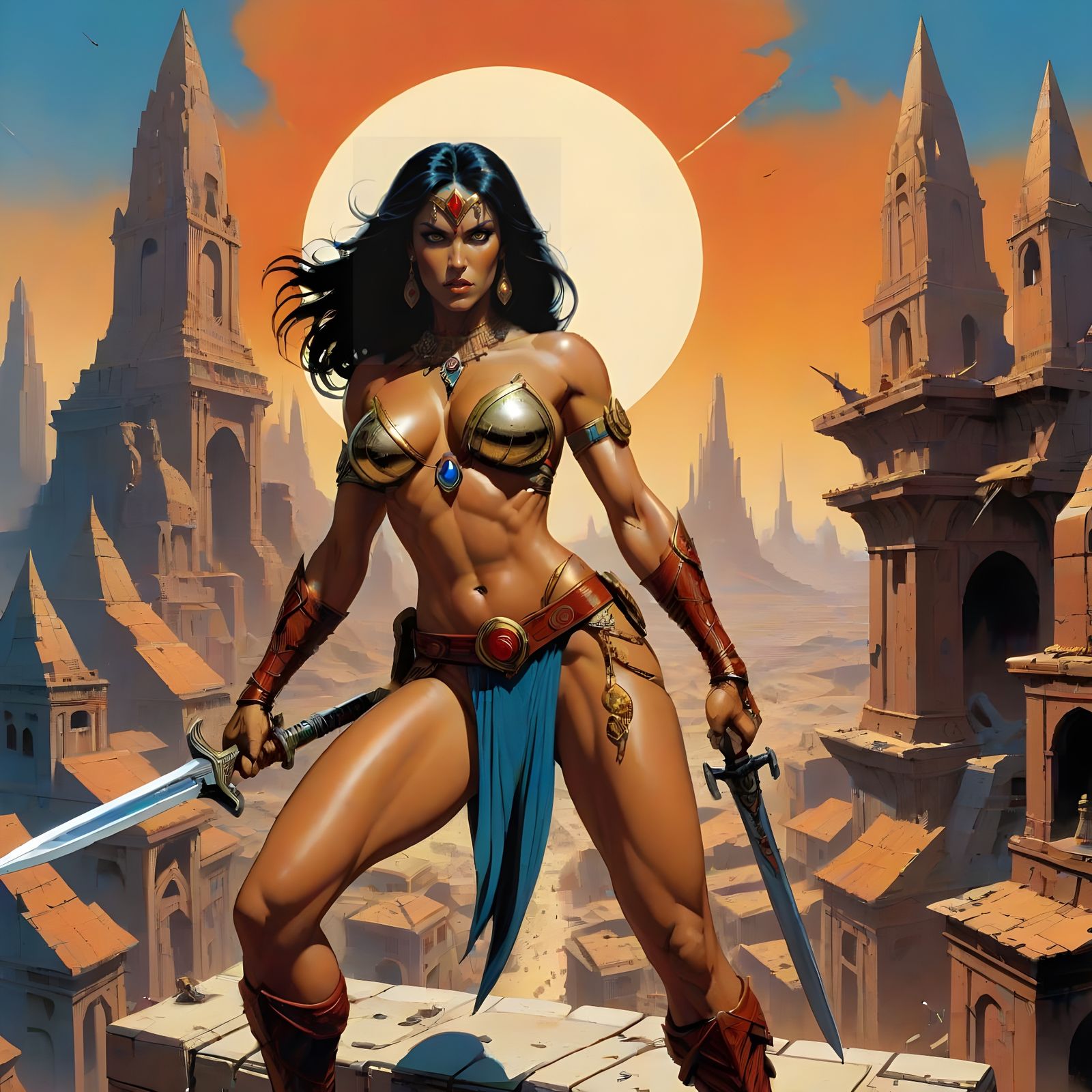 Amazonian Warrior in Ruins of a Martian Metropolis