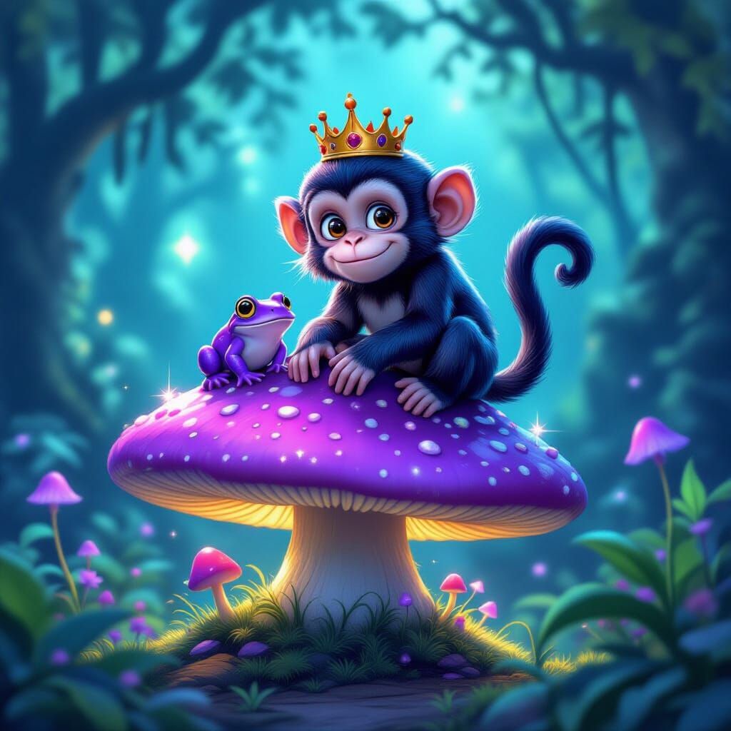 Whimsical Monkey on Mushroom in Enchanted Forest