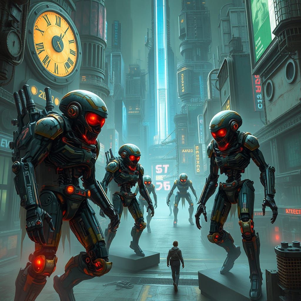 Cyborgs and Robots in Neon Cyberpunk Cityscape