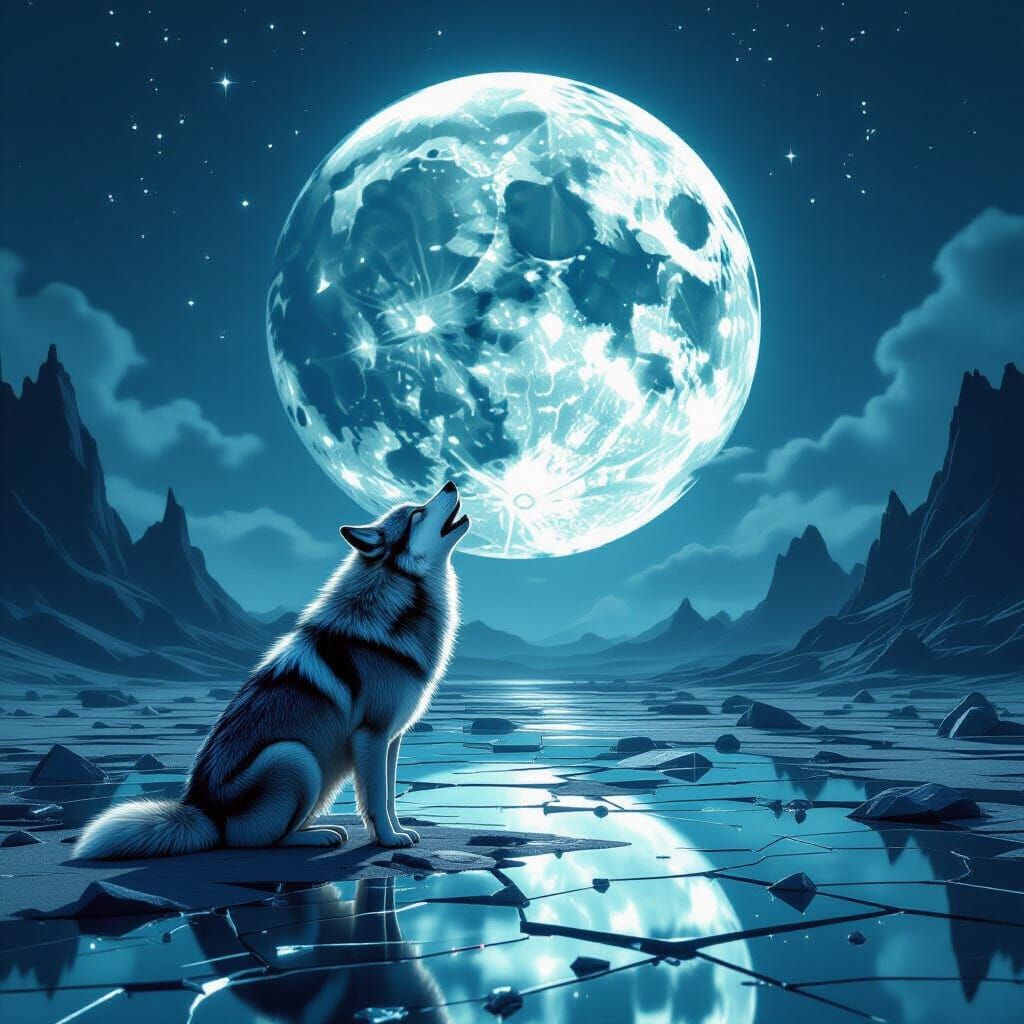 Melancholic Wolf Howls at Glitching Moon in Surreal Landscap...