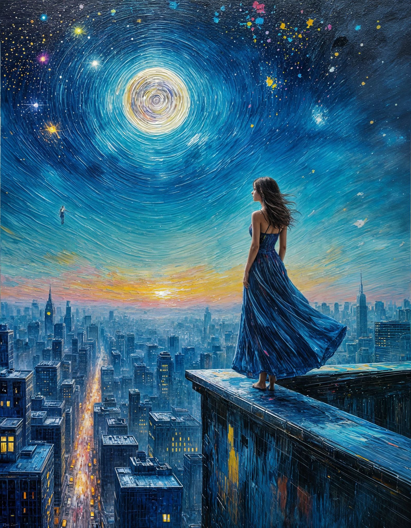Girl Gazing at Moon in Neo-Impressionist Style