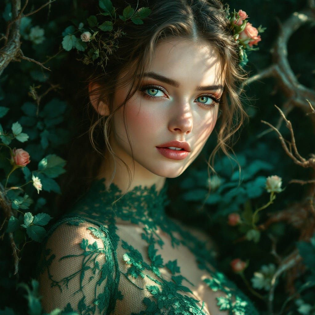 Woman in Green Lace Gown, Digital Art