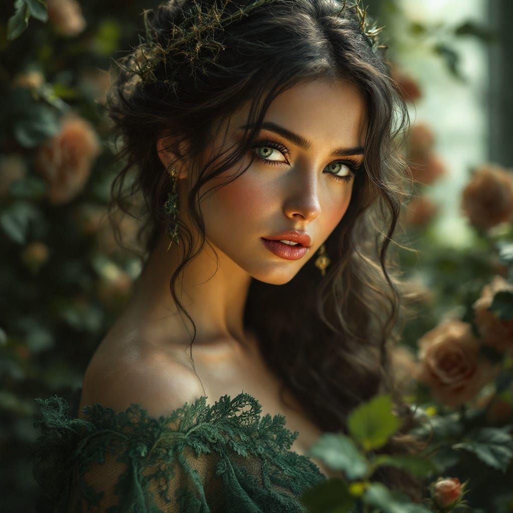 Woman in Green Lace Gown with Roses