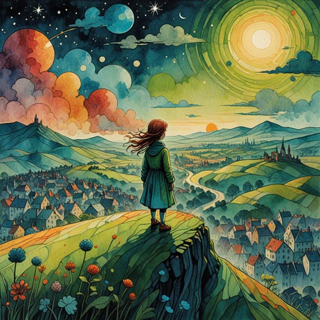 Windswept Figure Gazing at City in Paul Klee Style