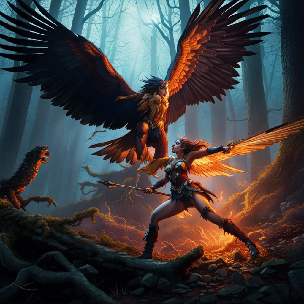 Harpy and Huntress Battle in Dark Forest