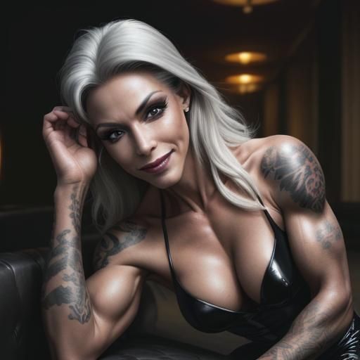 Androgynous Bodybuilder Crawling in Lounge Club