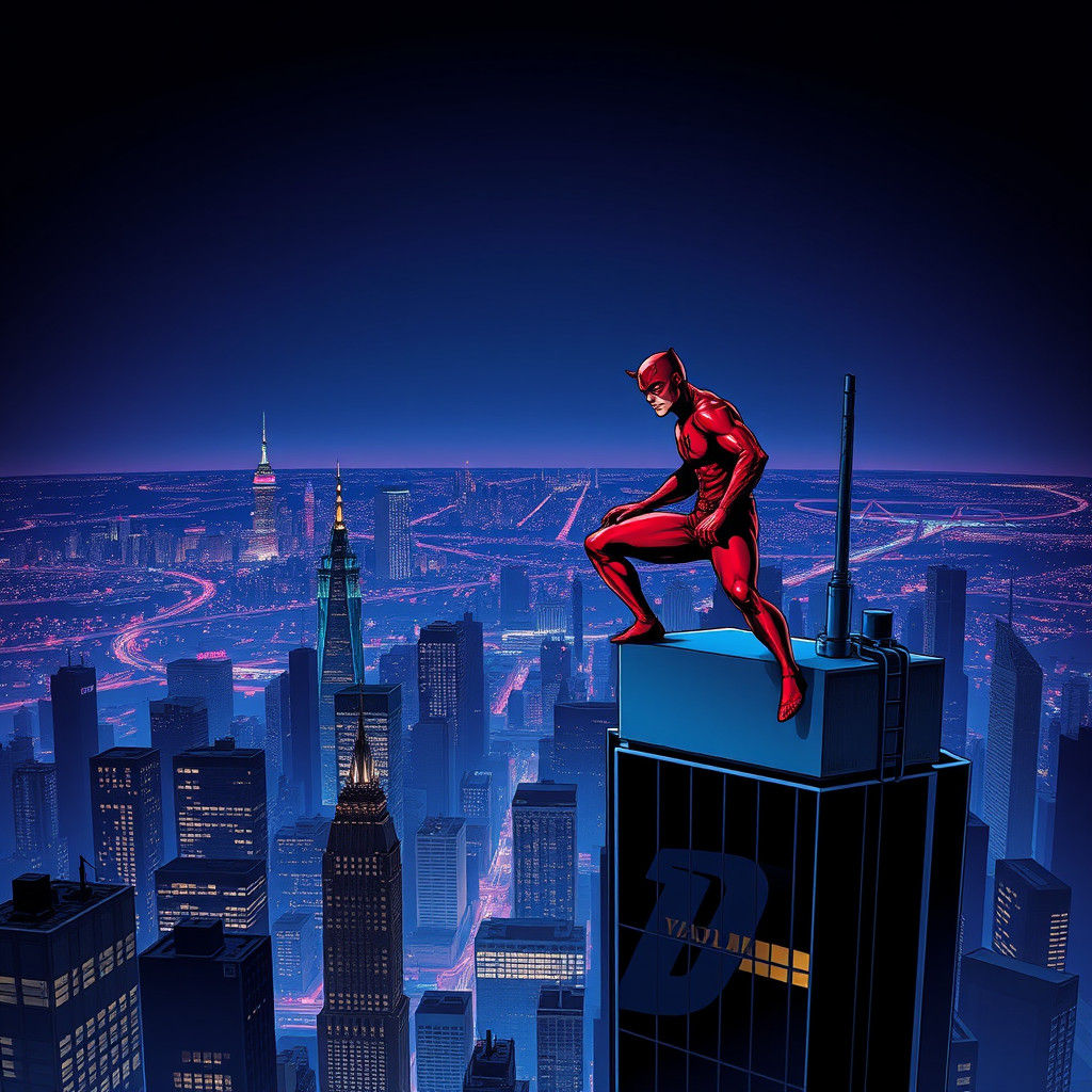 Daredevil on Skyscraper in Comic Book Style