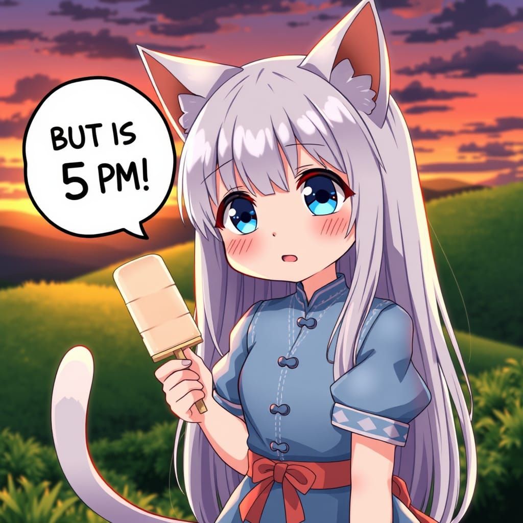 Adorable Anime Catgirl with Ice Cream at Sunset