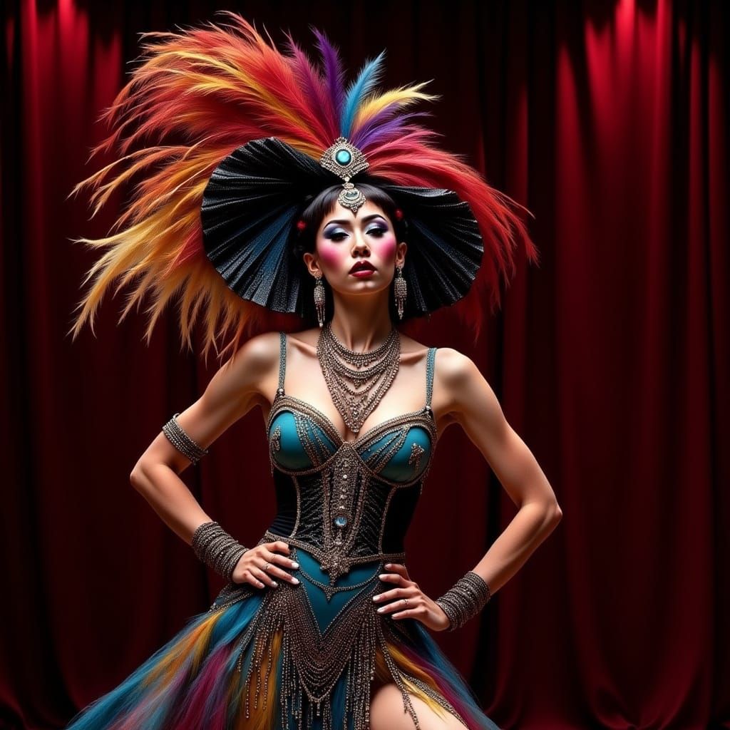 Glamorous Showgirl in Feathered Hat, Art Nouveau Style