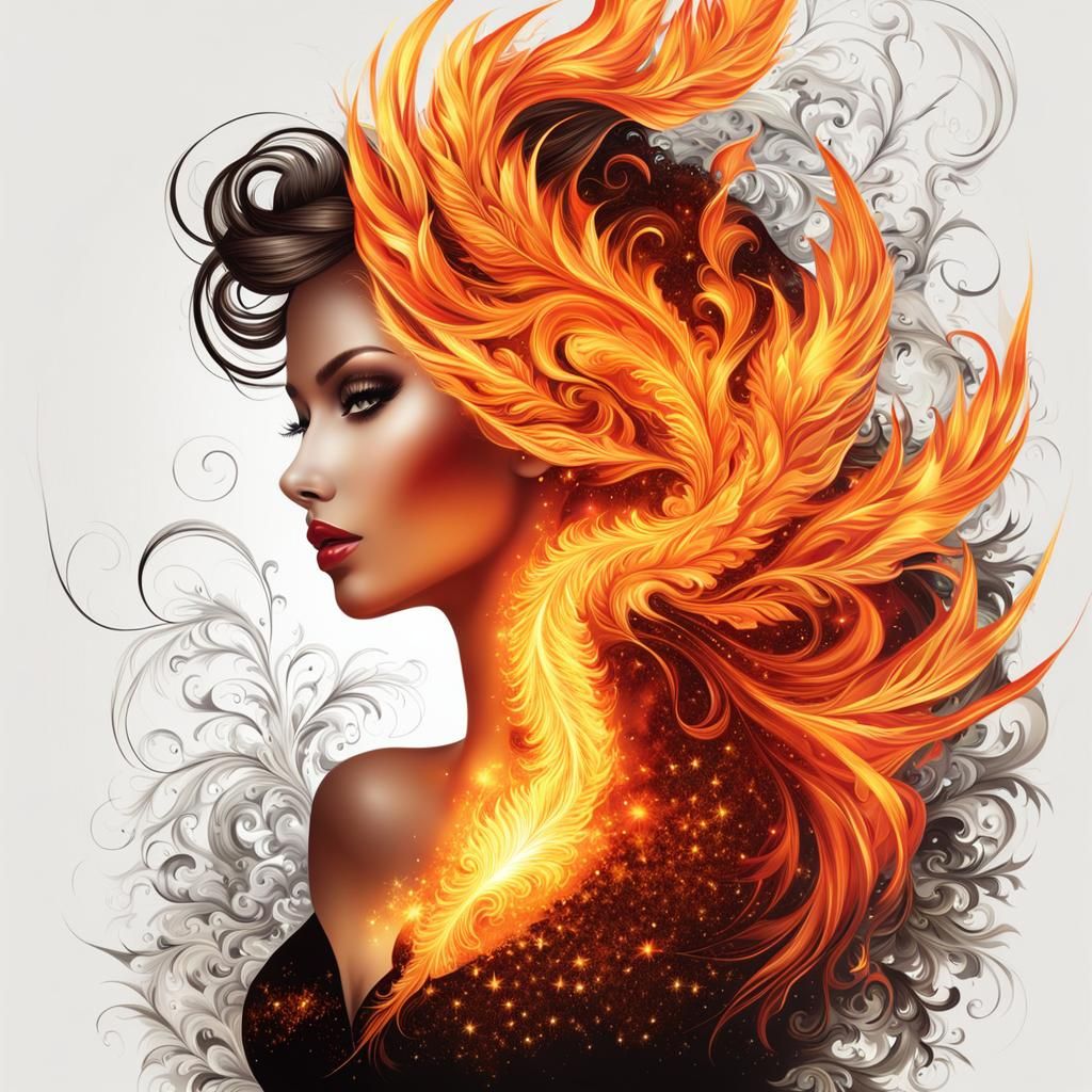 Fiery Phoenix Girl in Art Noir Style