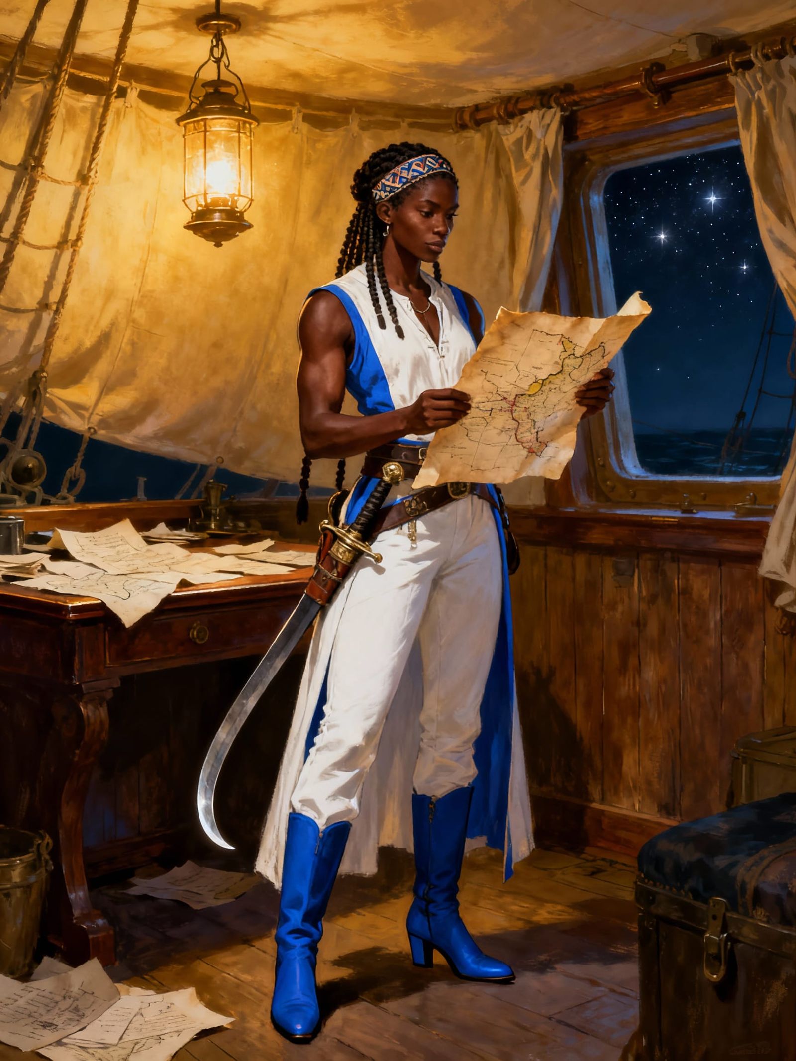 Fantasy Captain With Map in Historic Cabin