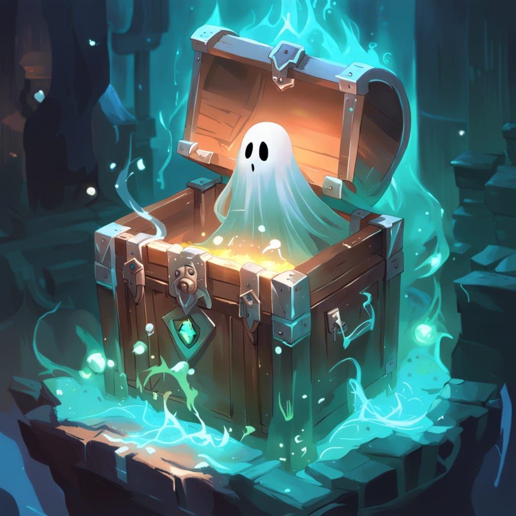 Chibi Ghost in Treasure Chest, Fantasy Art